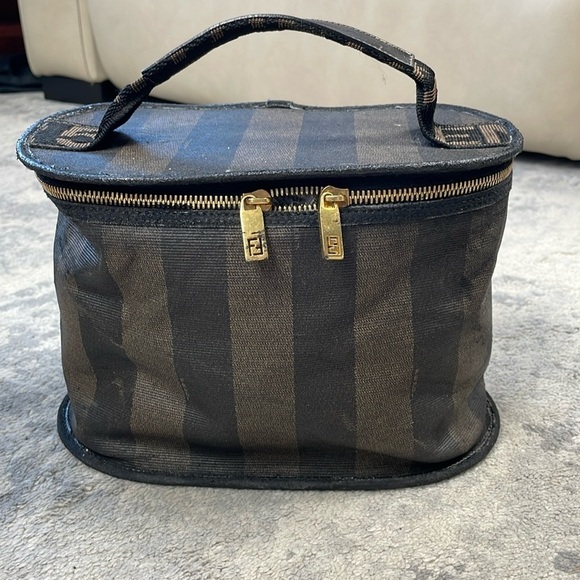 Vintage Fendi Pequin Stripe Vanity Cosmetic Case Top Handle Zip Around Toiletry - Picture 1 of 17